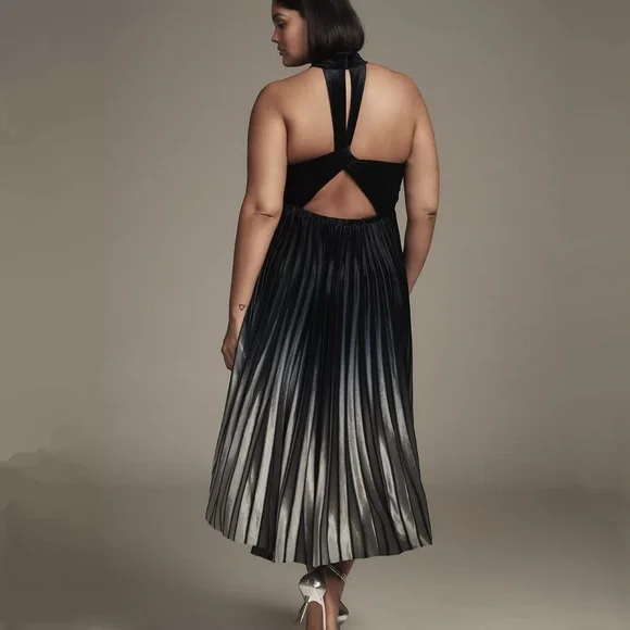 NWT Anthropologie Pleated Velvet Midi Dress Navy Size 1X - Picture 2 of 6